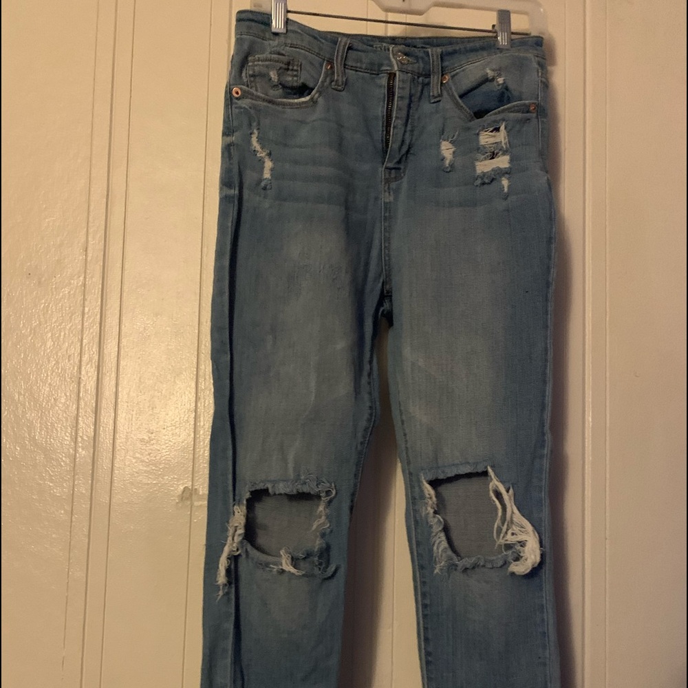 high rise light wash ripped jeans
